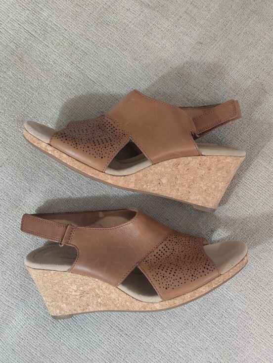 Clarks Shoes - Clarks Brown Leather Perforated Slingback Wedge Sandals